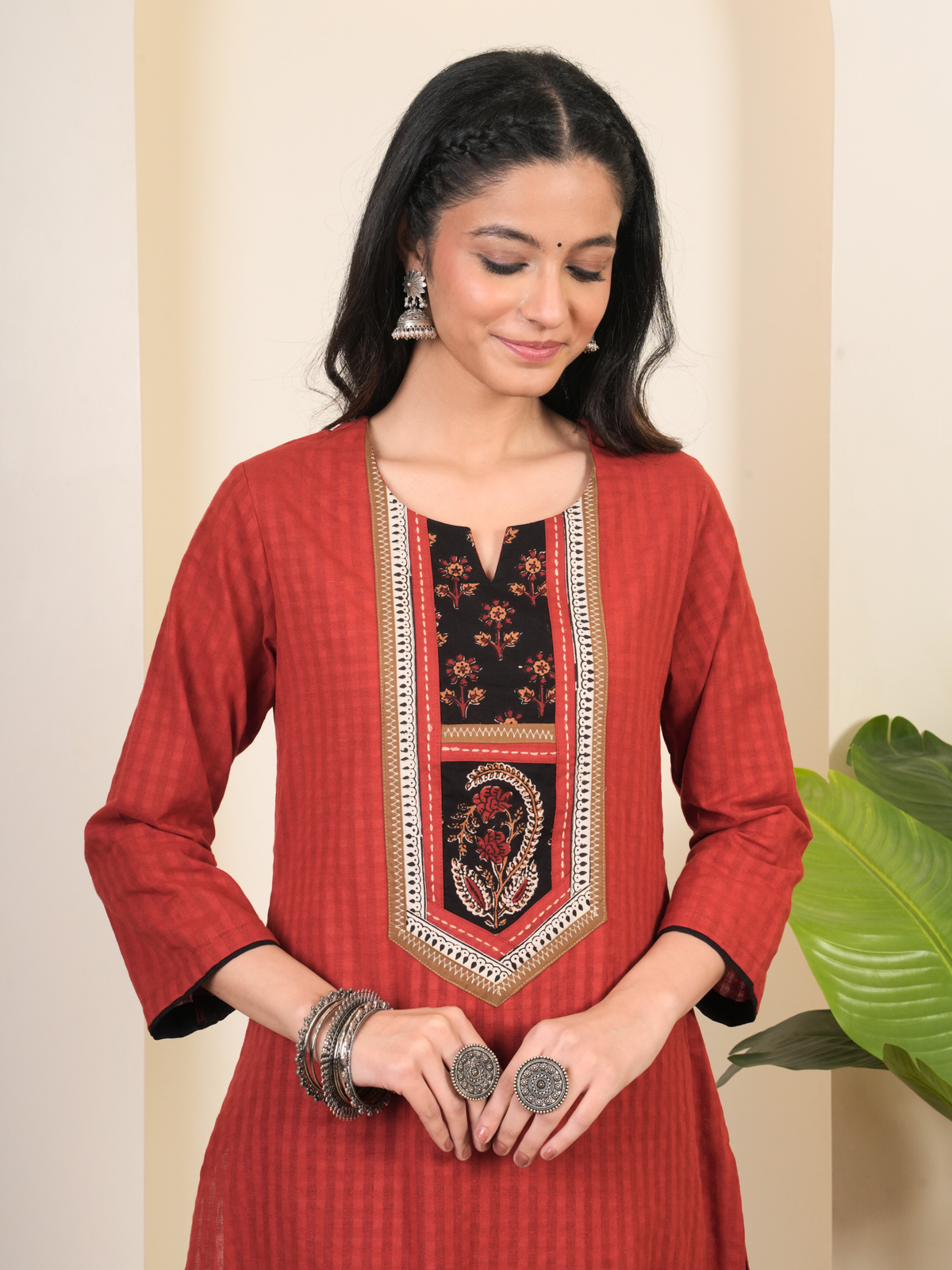 Rust Cotton Dobby Round Neck Complete Suit Set For Women's