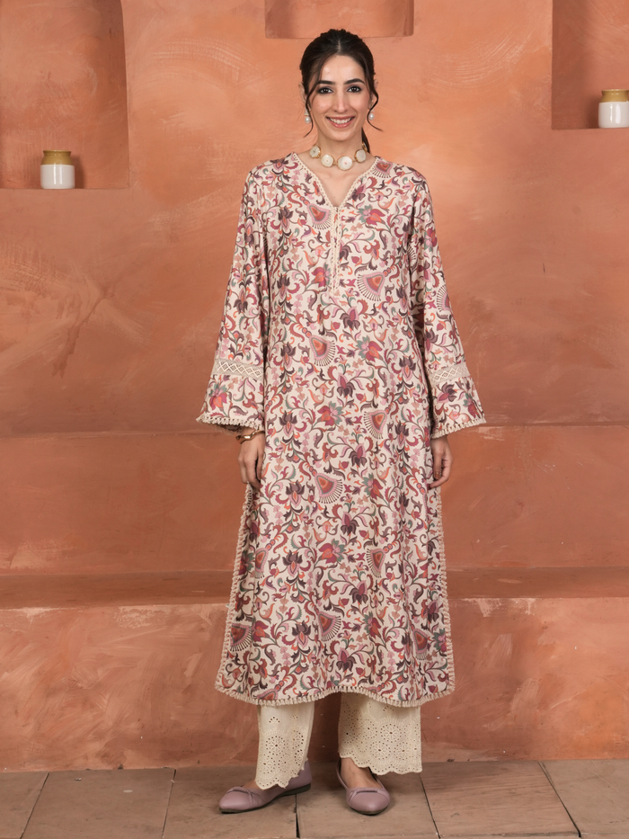 Cream Viscose Twill Jaal Print Kurta For Women's