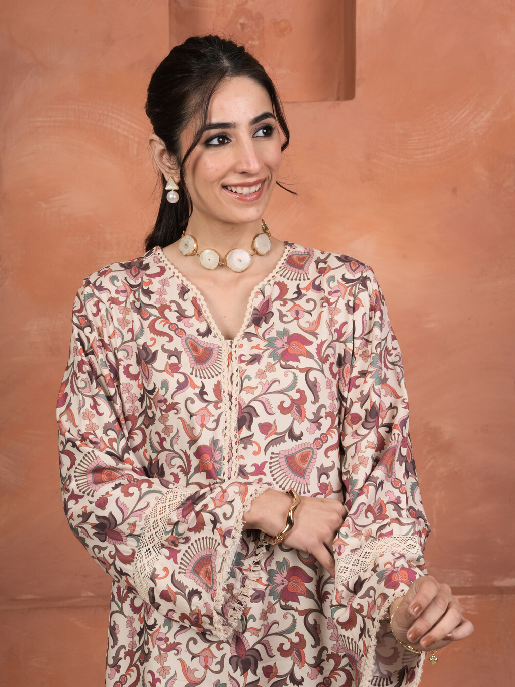 Cream Viscose Twill Jaal Print Kurta For Women's