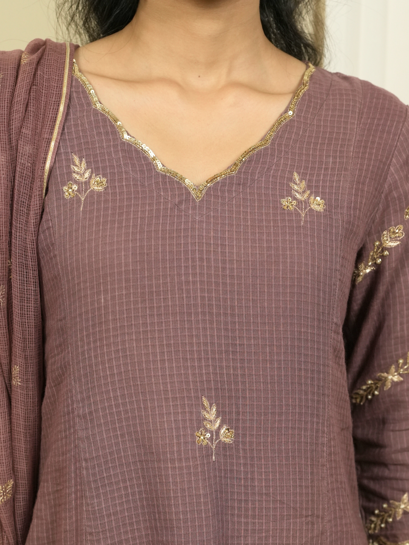 Wine Kota Doria Complete Suit Set