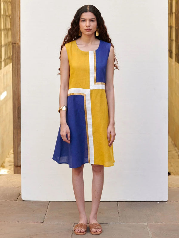 Blue & Yellow Linen Dress For Women's