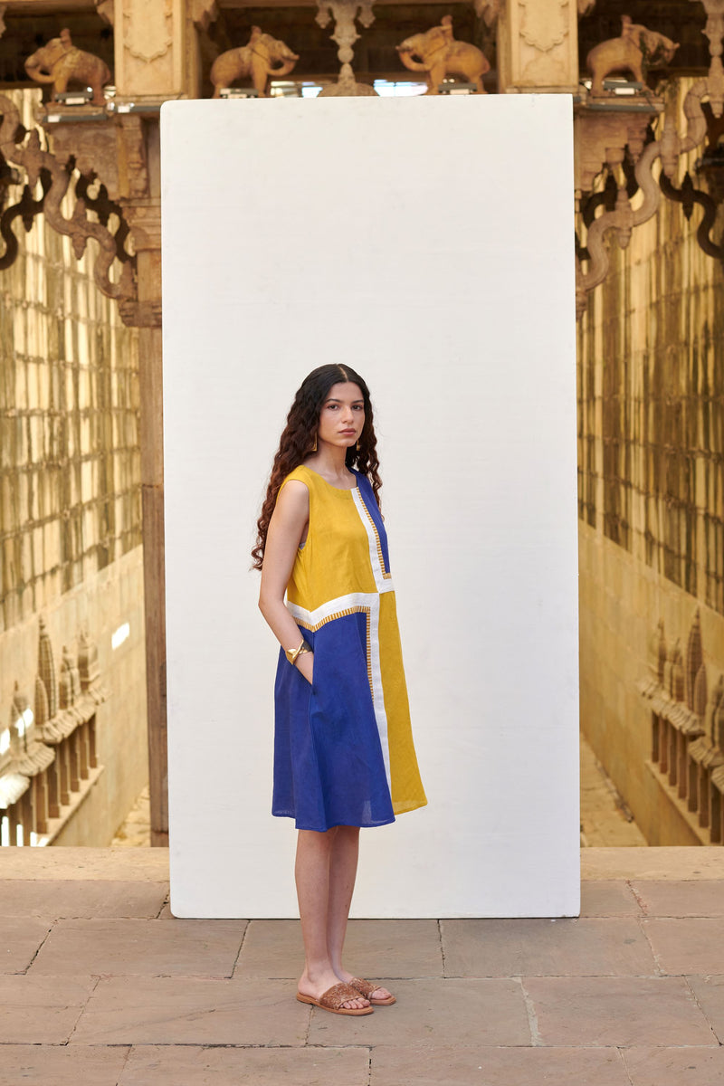 Blue & Yellow Linen Dress For Women's
