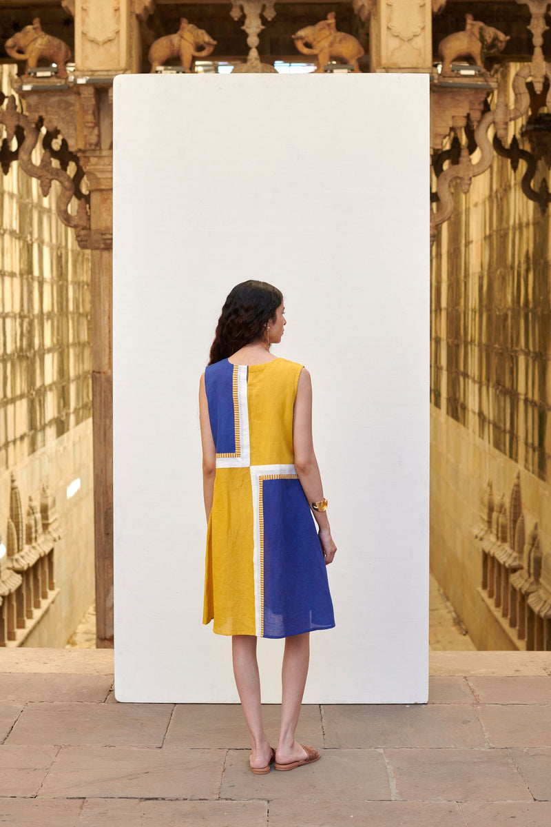 Blue & Yellow Linen Dress For Women's
