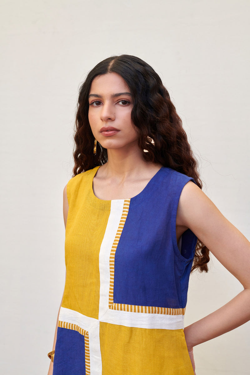 Blue & Yellow Linen Dress For Women's