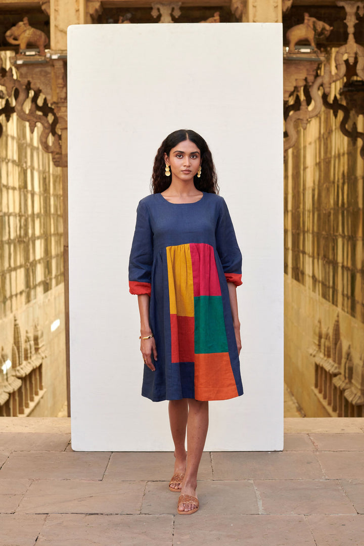 Multicolored Linen Round Neck Dress For Women's