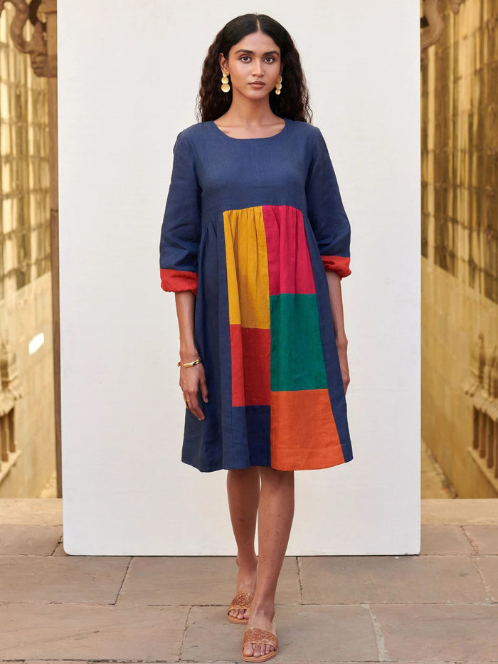Multicolored Linen Round Neck Dress For Women's