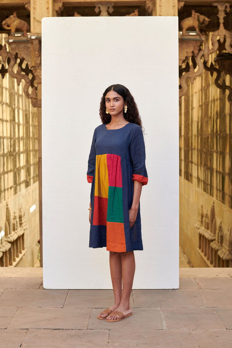 Multicolored Linen Round Neck Dress For Women's