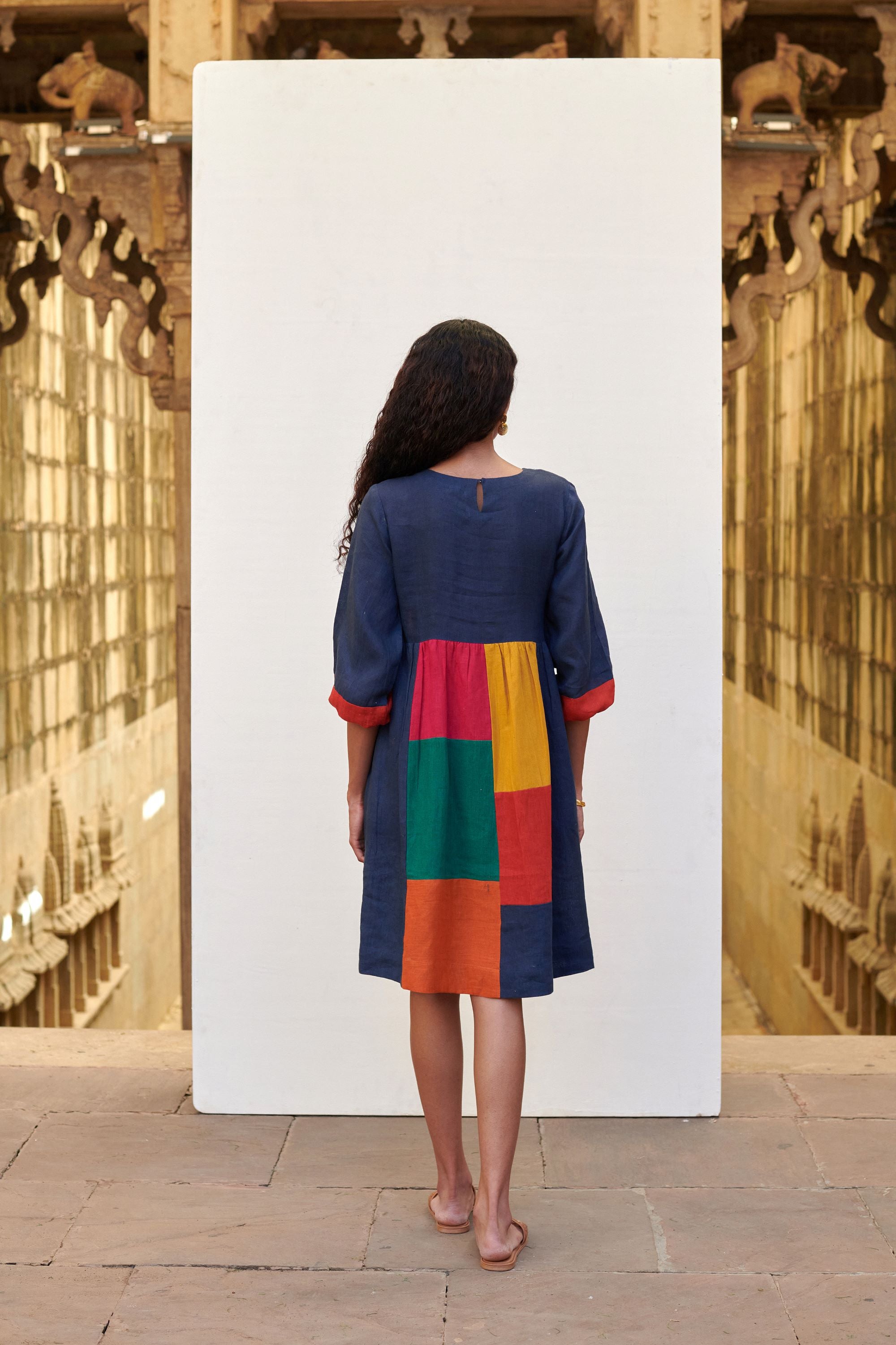 Multicolored Linen Round Neck Dress For Women's