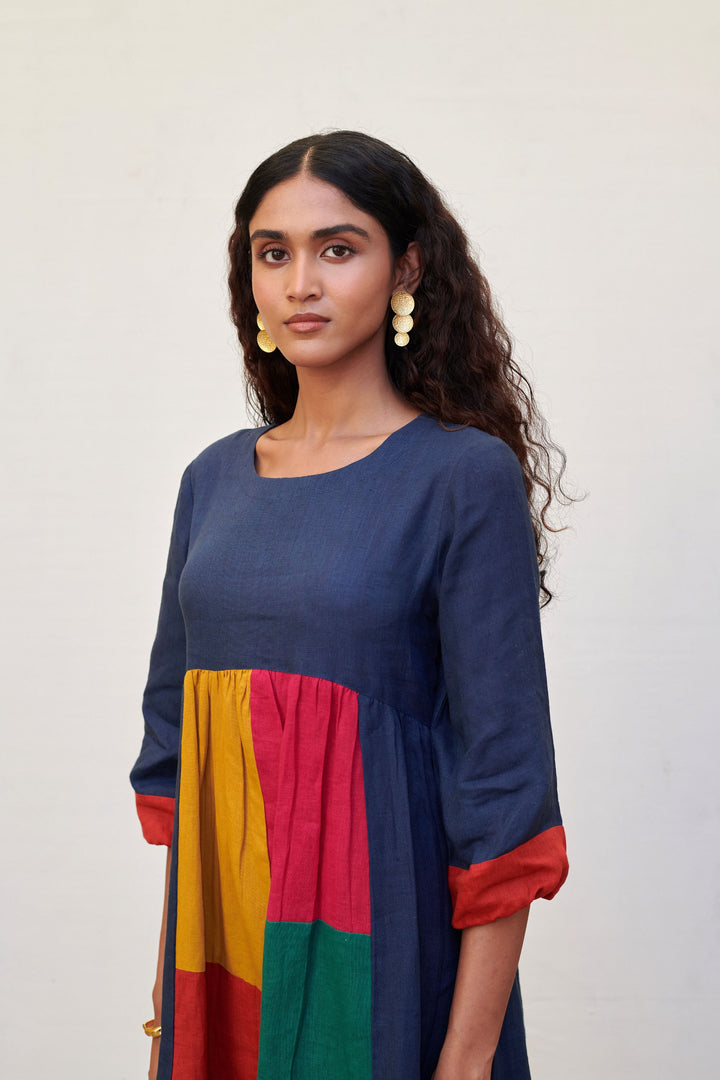 Multicolored Linen Round Neck Dress For Women's