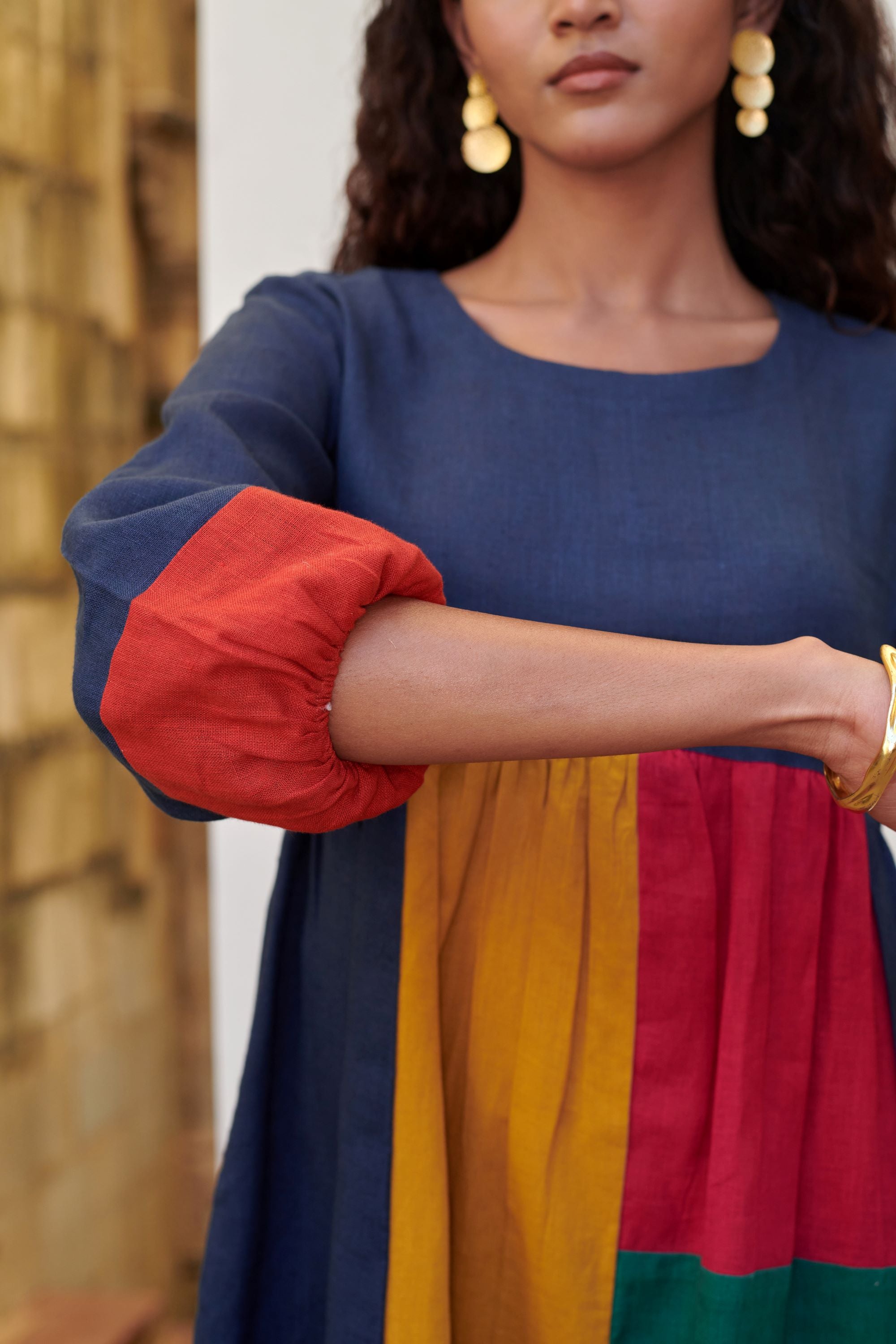 Multicolored Linen Round Neck Dress For Women's