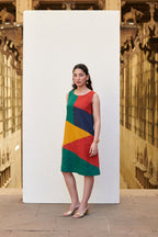 Multicolored Linen Round Neck Dress For Women's