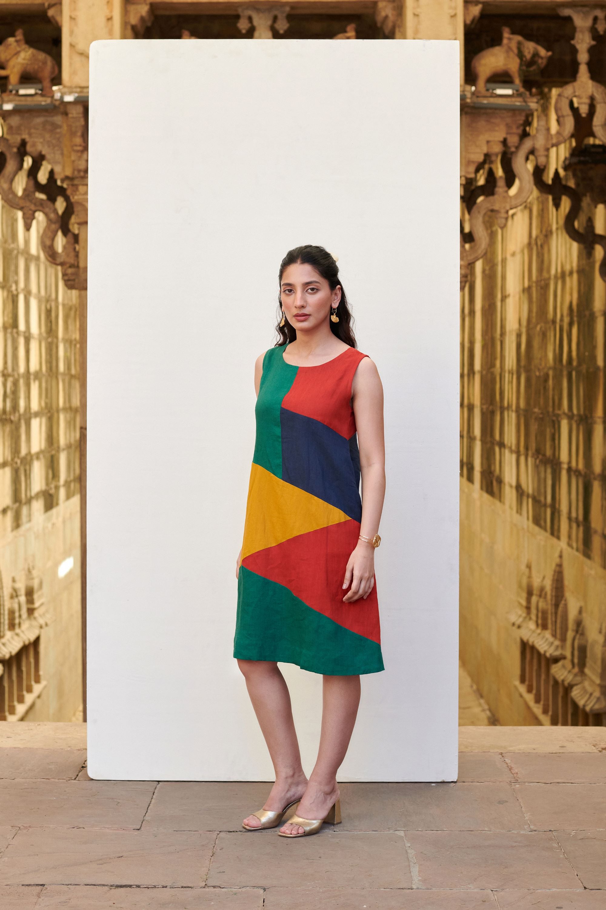 Multicolored Linen Round Neck Dress For Women's