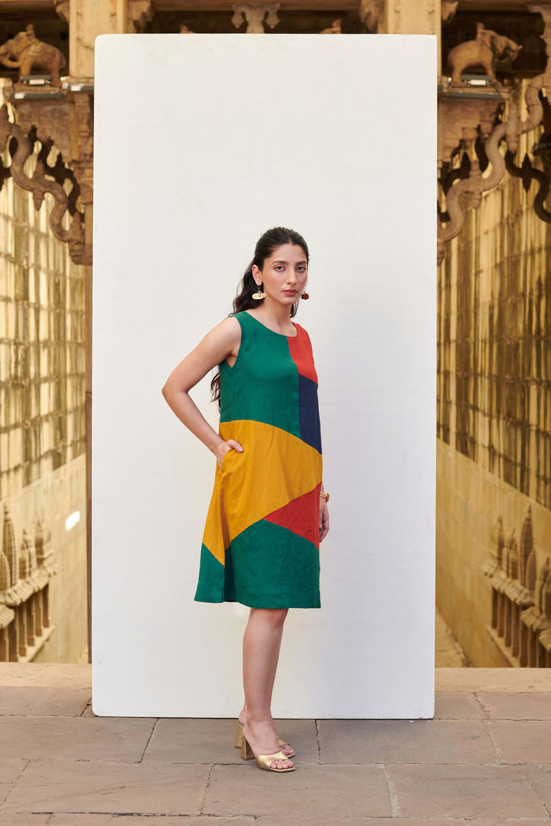 Multicolored Linen Round Neck Dress For Women's