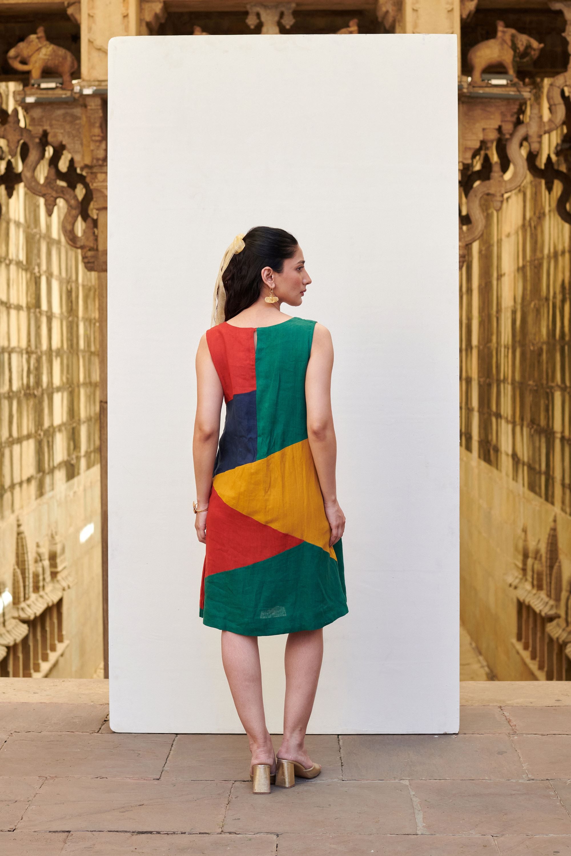 Multicolored Linen Round Neck Dress For Women's