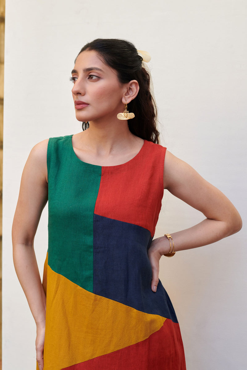 Multicolored Linen Round Neck Dress For Women's