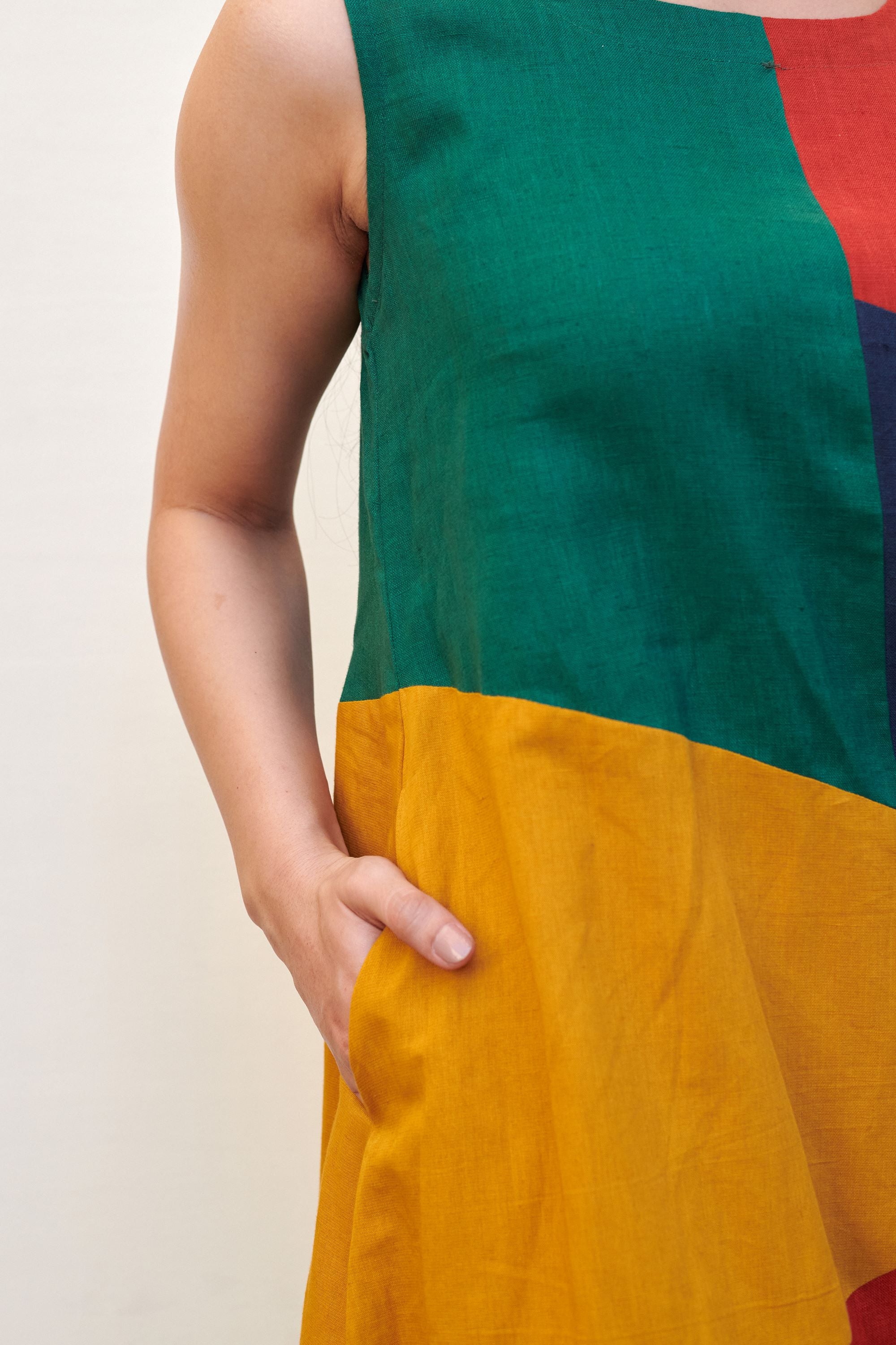 Multicolored Linen Round Neck Dress For Women's