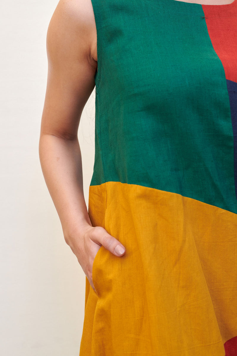 Multicolored Linen Round Neck Dress For Women's