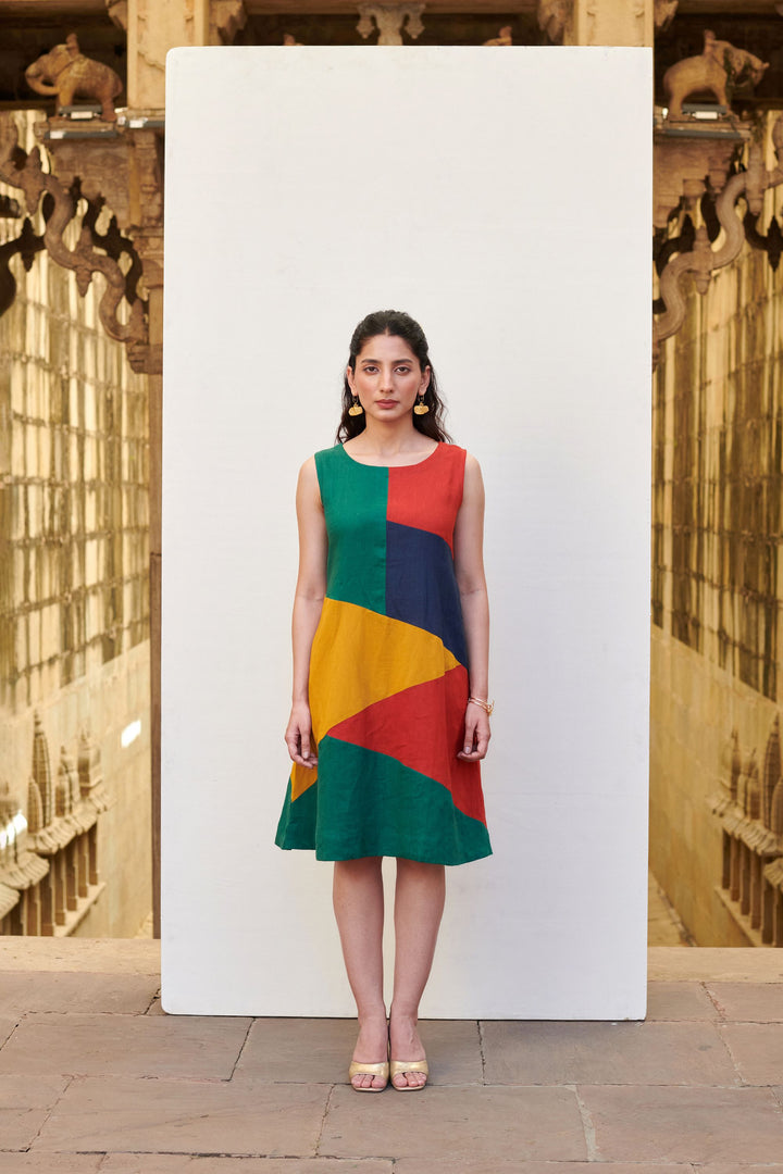 Multicolored Linen Round Neck Dress For Women's