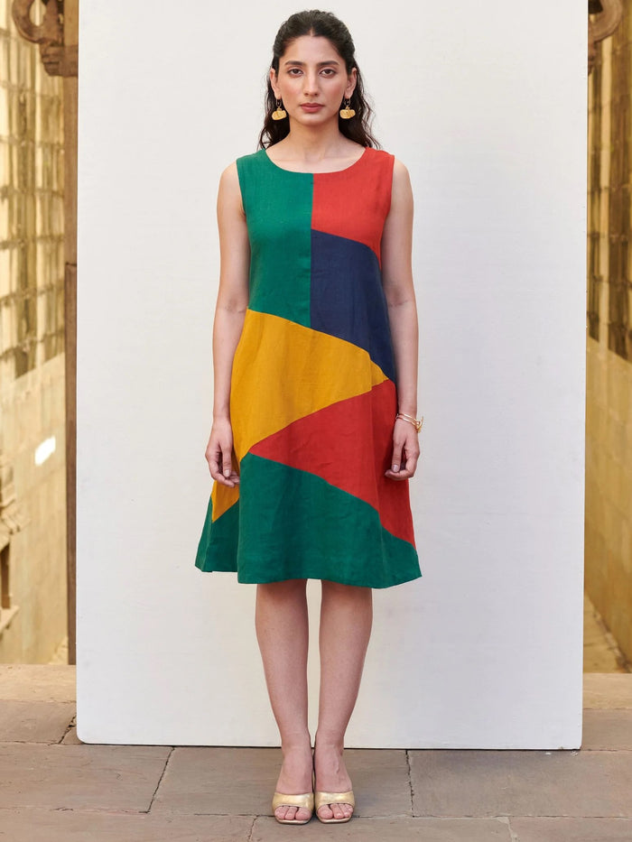 Multicolored Linen Round Neck Dress For Women's