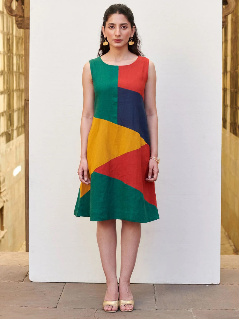 Multicolored Linen Round Neck Dress For Women's