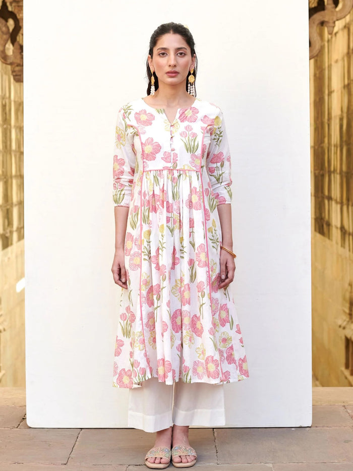 White Cotton Round With Small V-Neck Floral Kurta For Women's