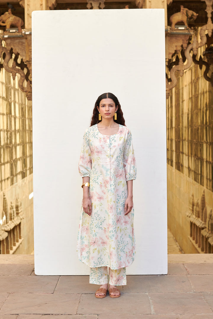 White With Multicolored Cotton Round Floral Print Kurta Pant Set For Women's