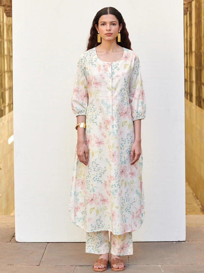White With Multicolored Cotton Round Floral Print Kurta Pant Set For Women's