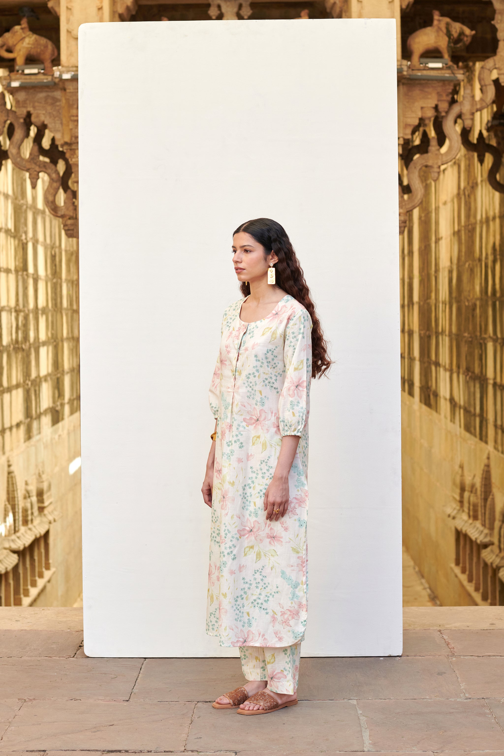 White With Multicolored Cotton Round Floral Print Kurta Pant Set For Women's