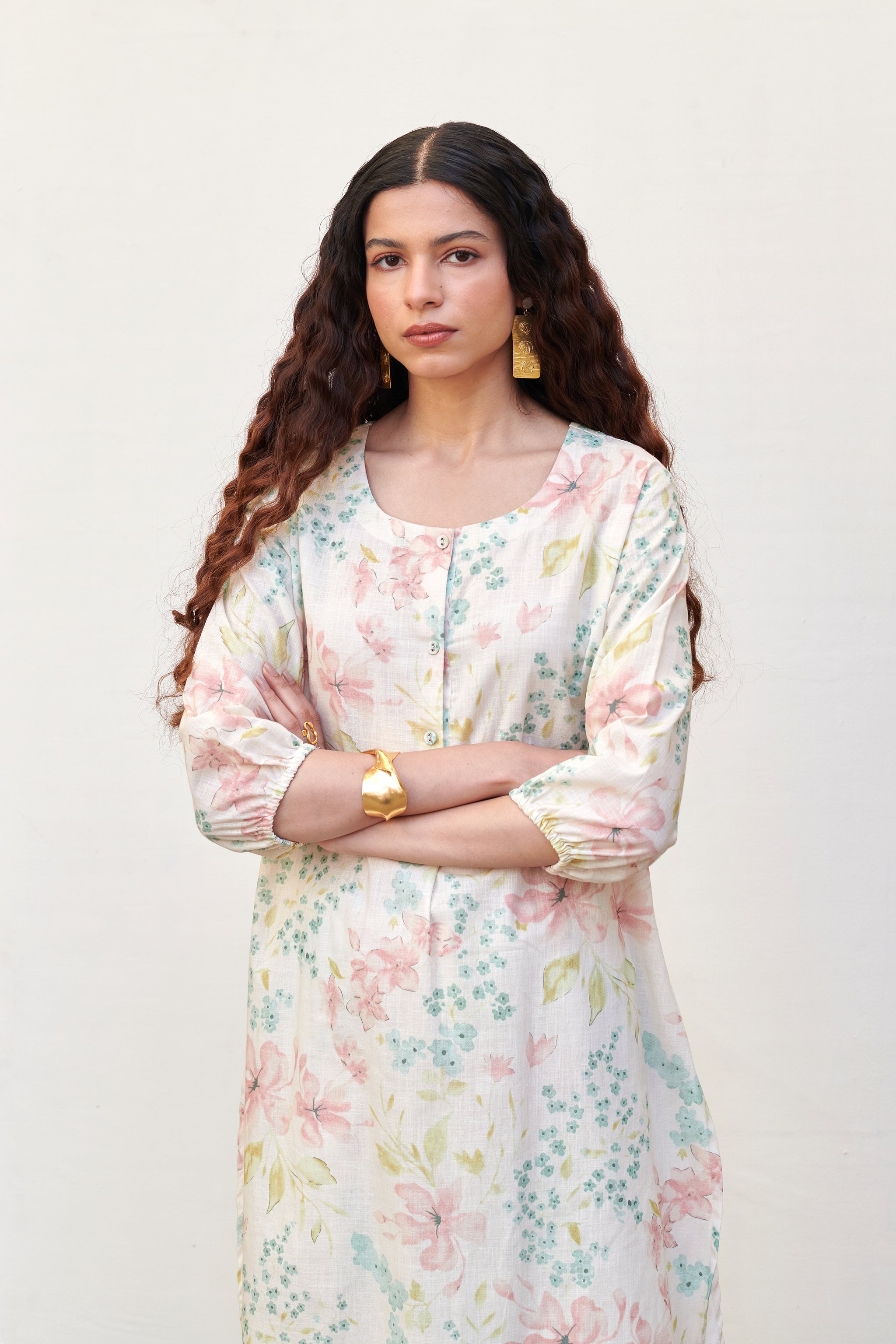 White With Multicolored Cotton Round Floral Print Kurta Pant Set For Women's
