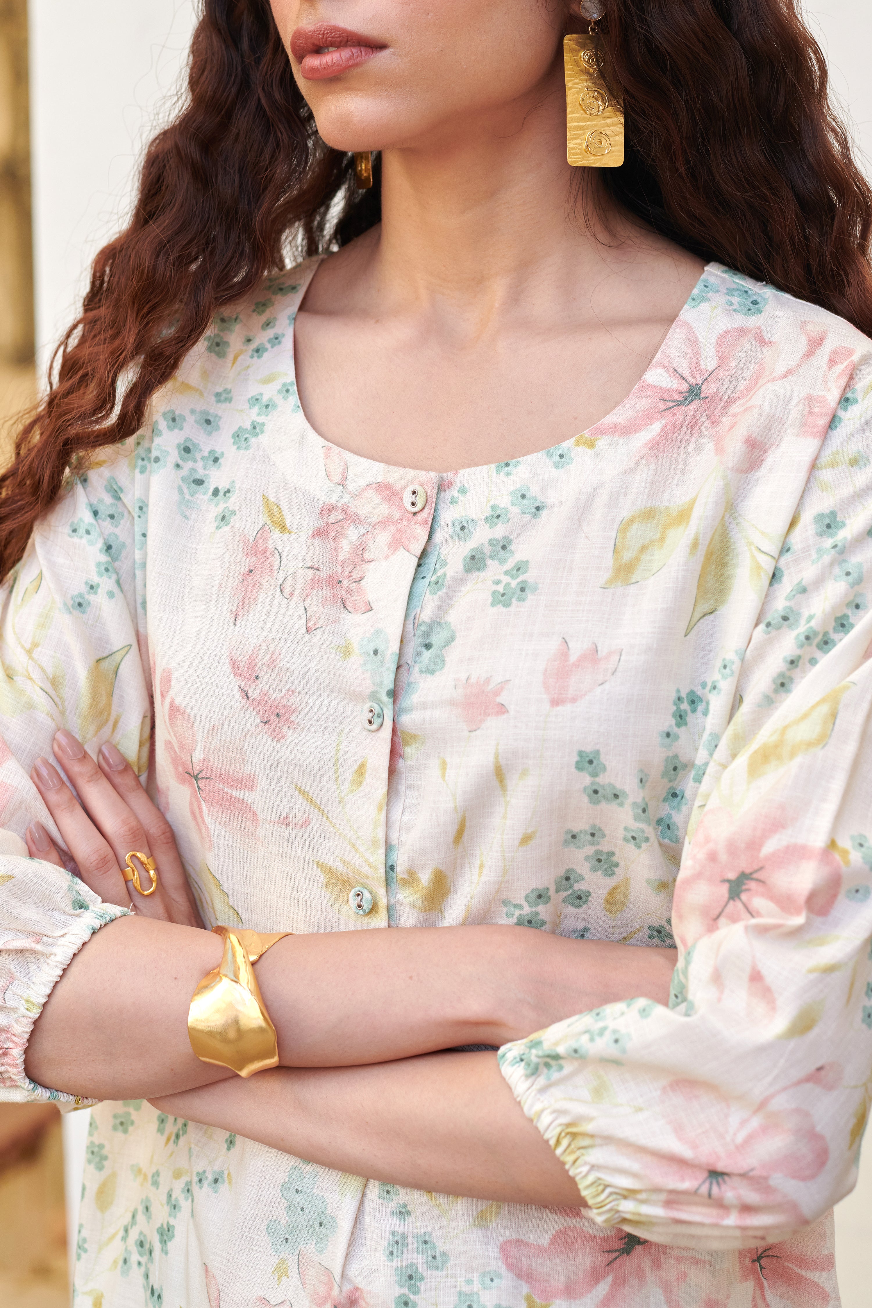 White With Multicolored Cotton Round Floral Print Kurta Pant Set For Women's