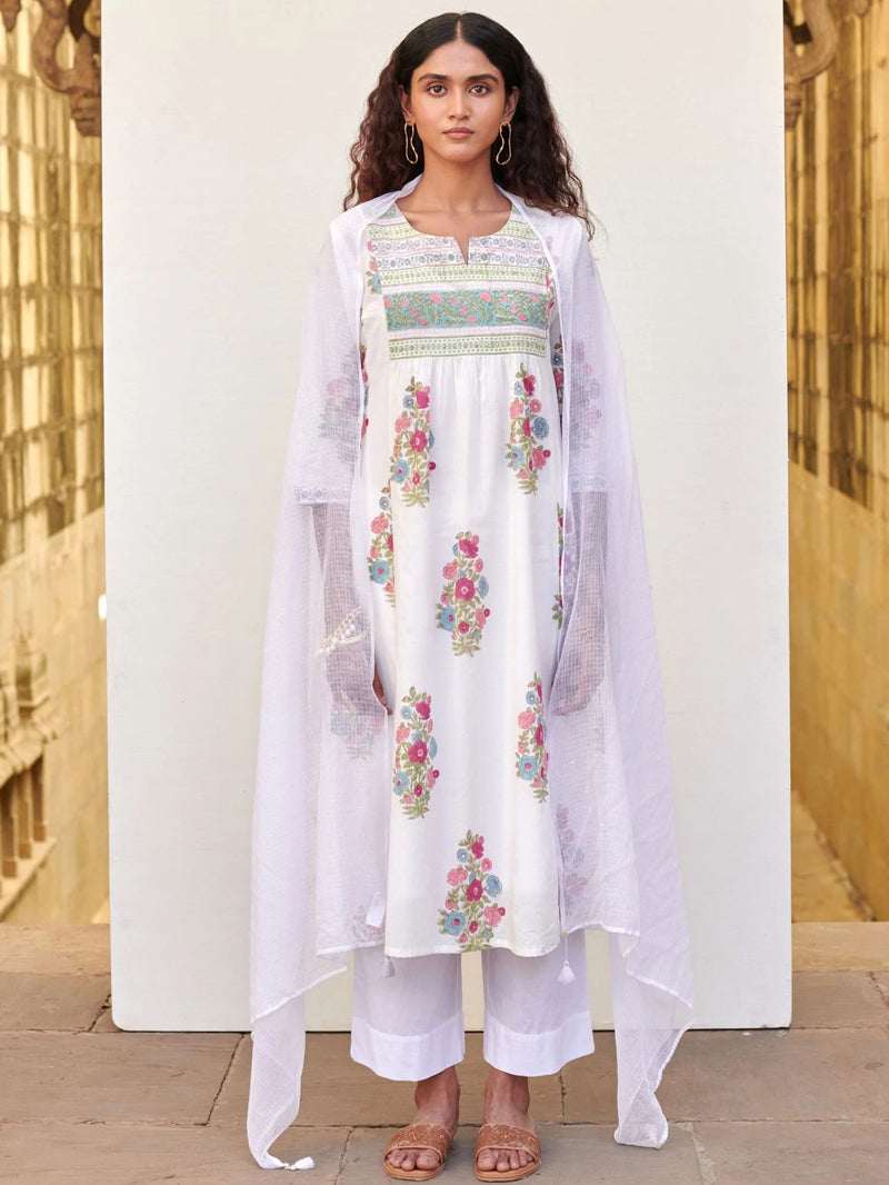 White Cotton Round Neck Handblock Print Kurta For Women's