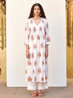 White Cotton V-Neck Handblock Kurta For Women's