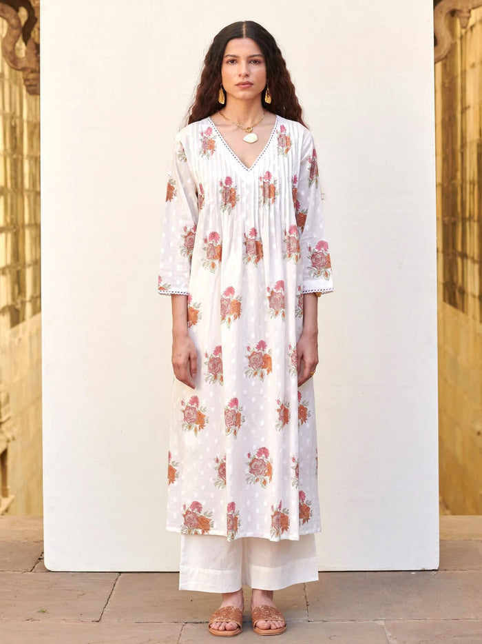 White Cotton V-Neck Handblock Kurta For Women's