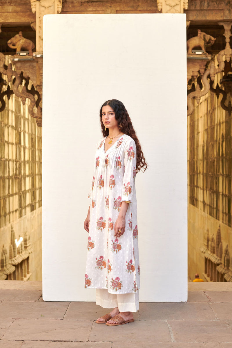 White Cotton V-Neck Handblock Kurta For Women's