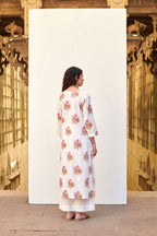 White Cotton V-Neck Handblock Kurta For Women's