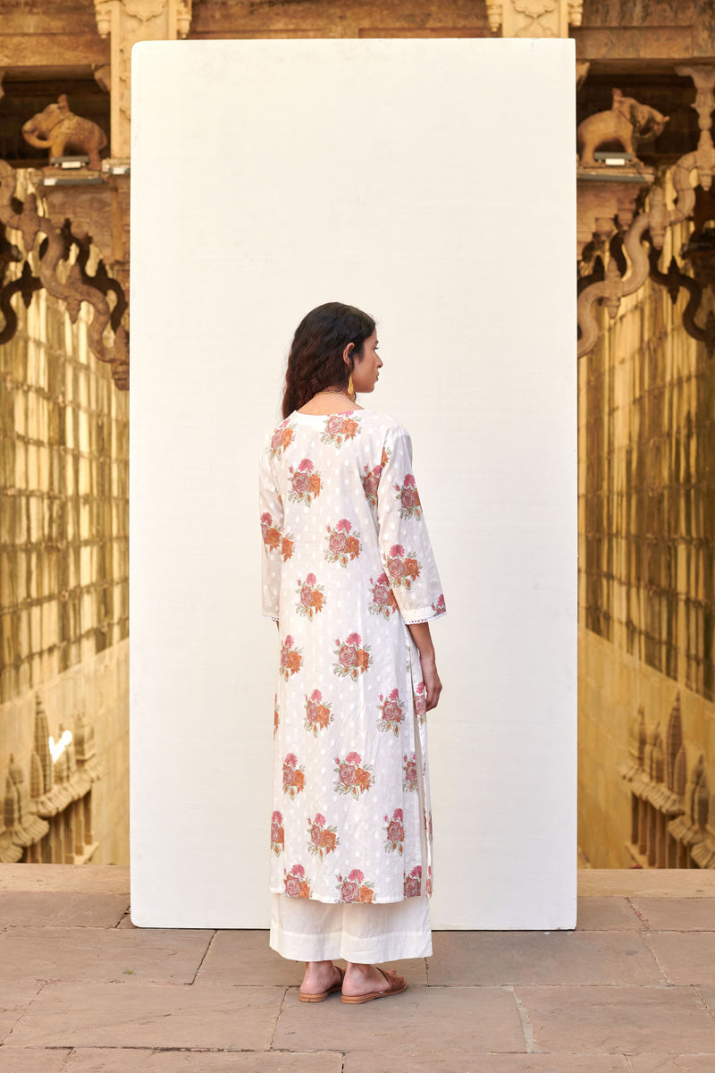 White Cotton V-Neck Handblock Kurta For Women's