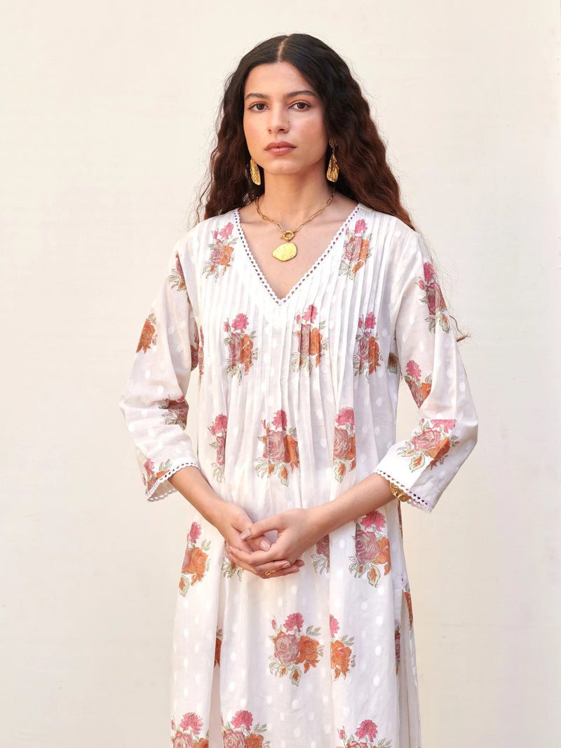 White Cotton V-Neck Handblock Kurta For Women's