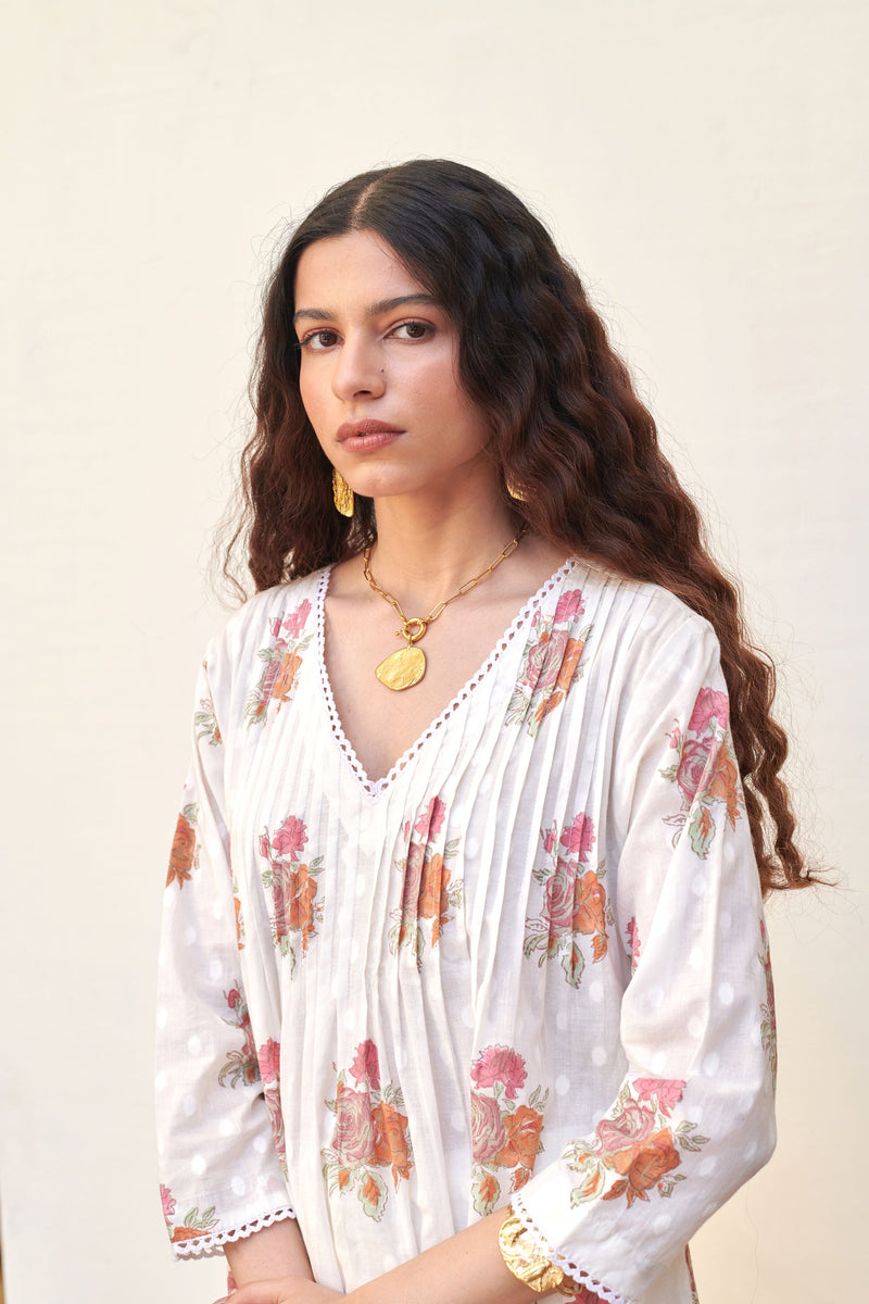 White Cotton V-Neck Handblock Kurta For Women's