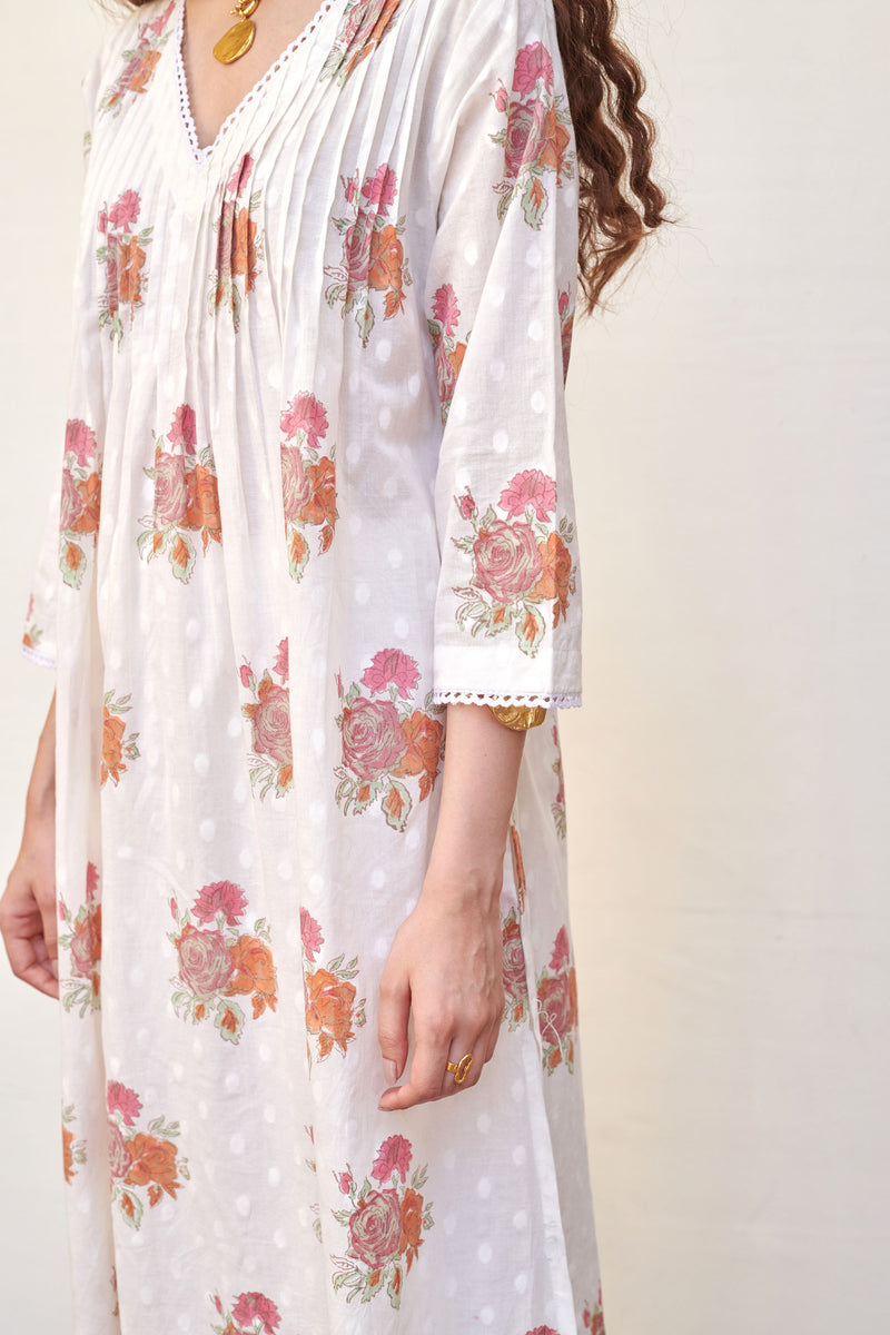 White Cotton V-Neck Handblock Kurta For Women's