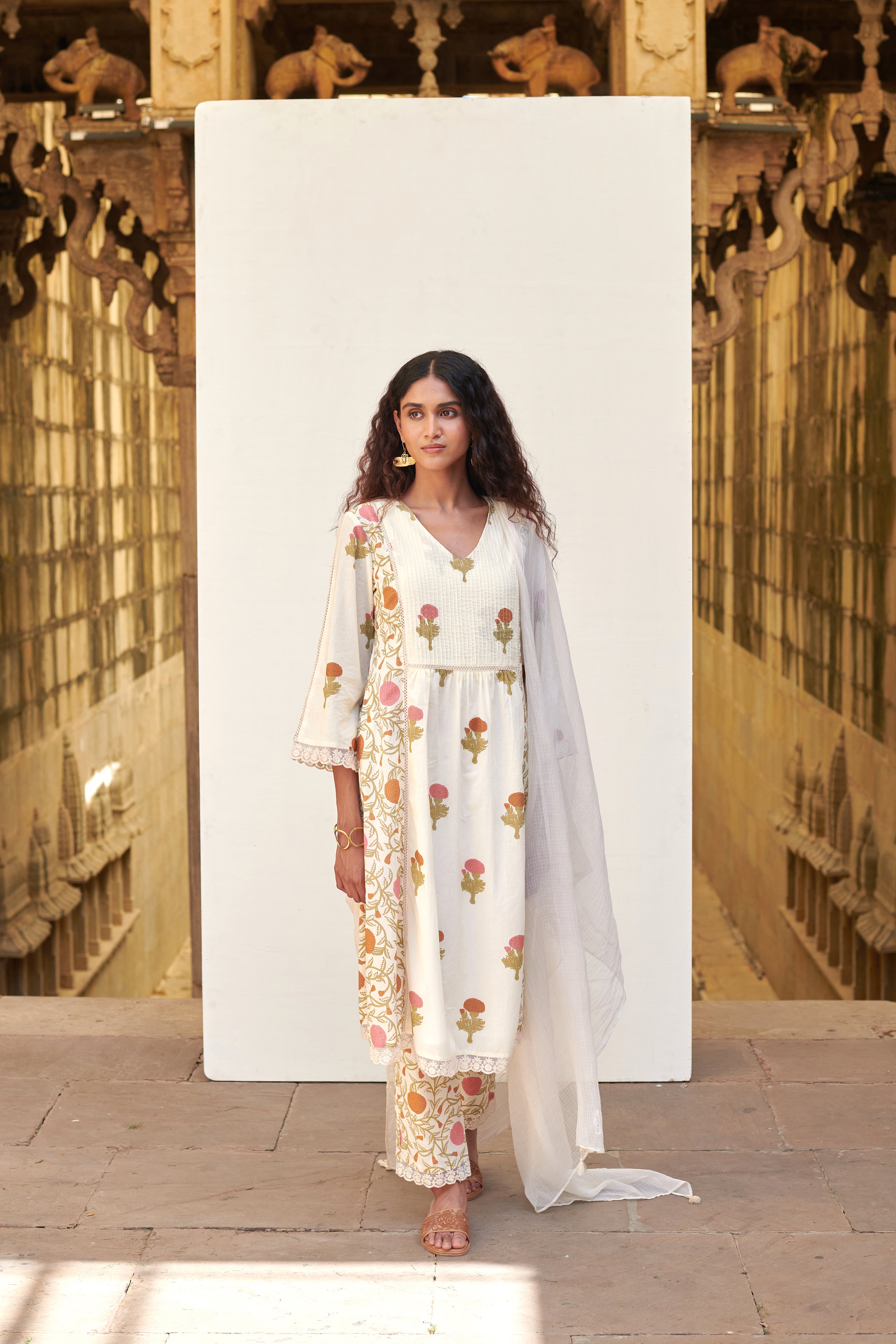 Cream Cotton Floral Print V-Neck Kurta Pant Set For Women's