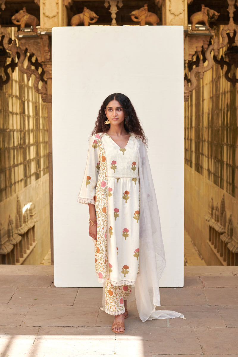Cream Cotton Floral Print V-Neck Kurta Pant Set For Women's
