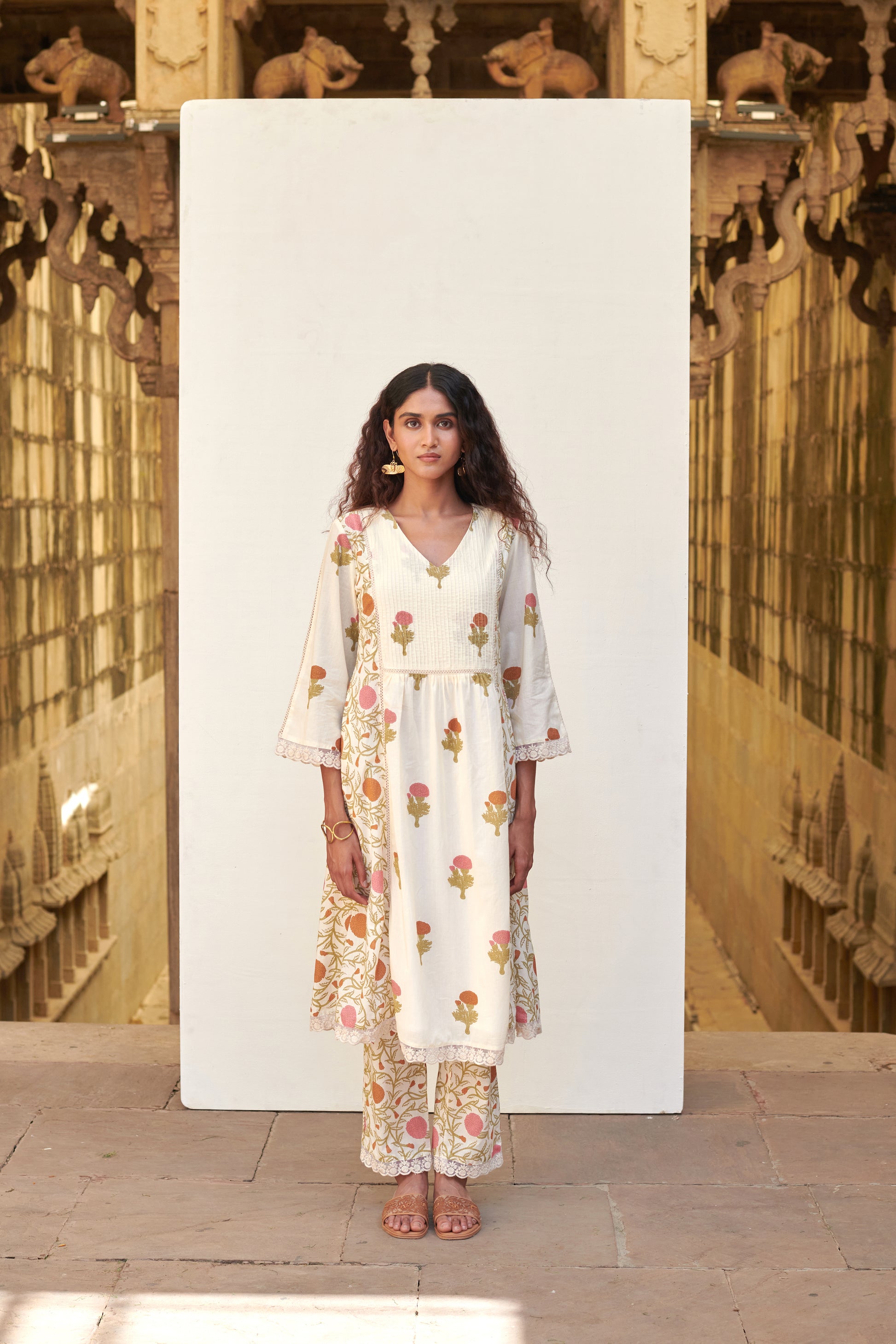 Cream Cotton Floral Print V-Neck Kurta Pant Set For Women's