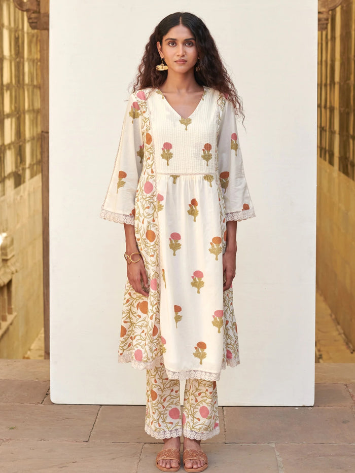 Cream Cotton Floral Print V-Neck Kurta Pant Set For Women's