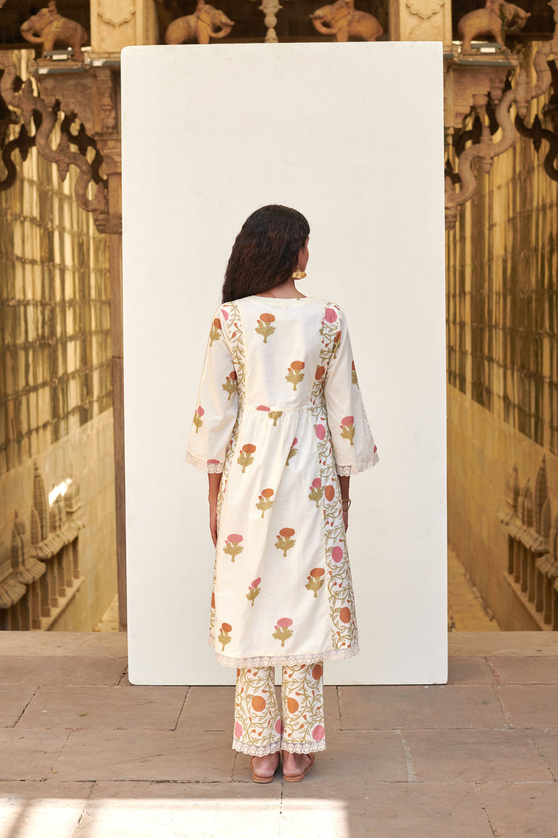 Cream Cotton Floral Print V-Neck Kurta Pant Set For Women's