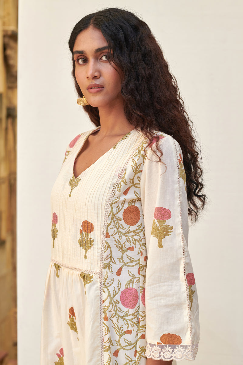 Cream Cotton Floral Print V-Neck Kurta Pant Set For Women's