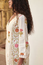 Cream Cotton Floral Print V-Neck Kurta Pant Set For Women's