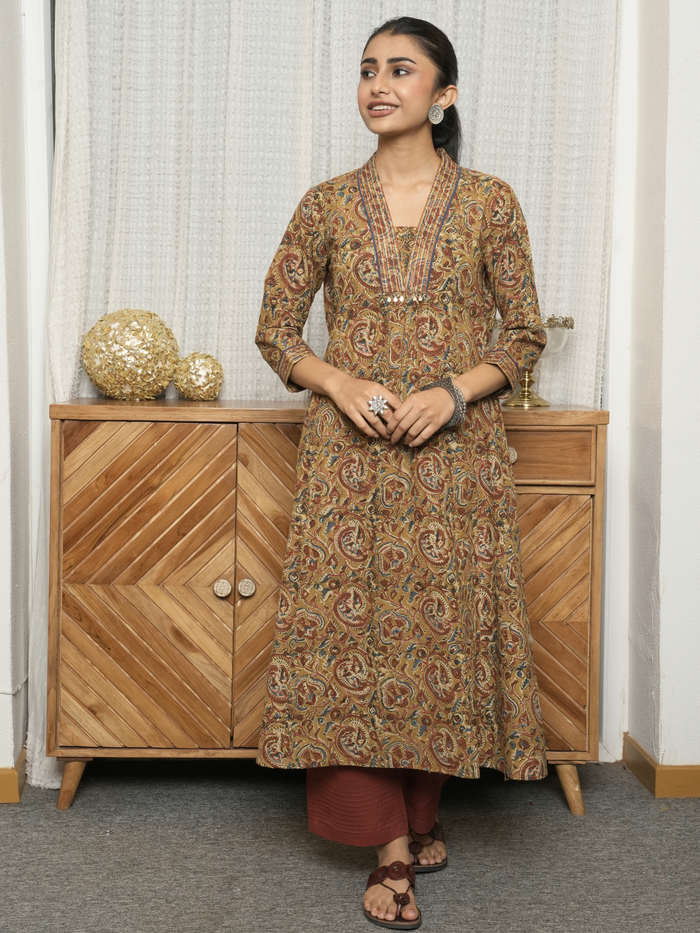 Olive Beige Hand-Done Kalamkari Kurta