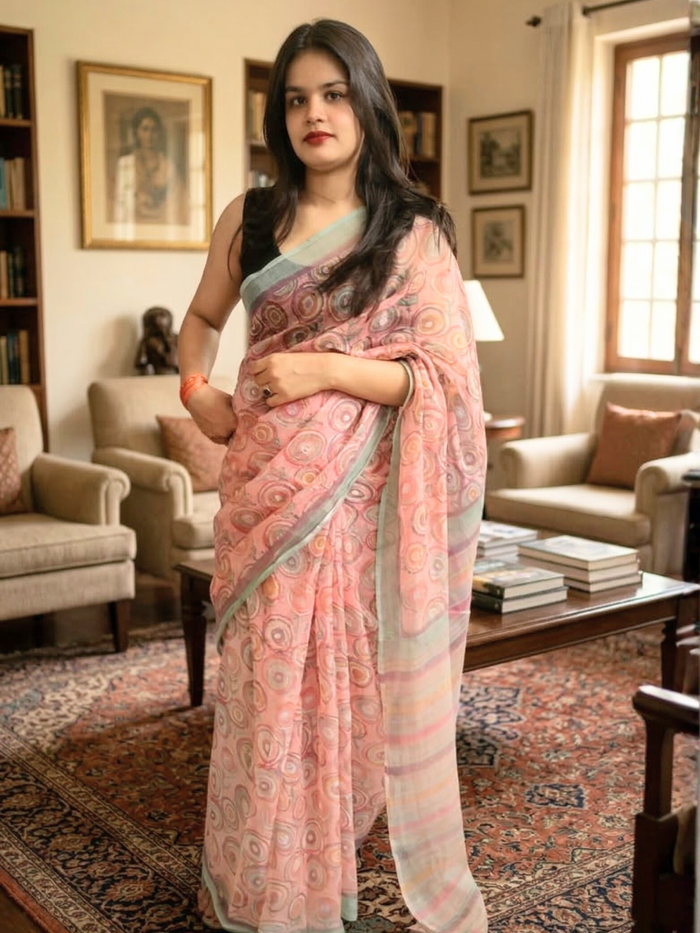 Pink Kota Doria Block Printed Saree