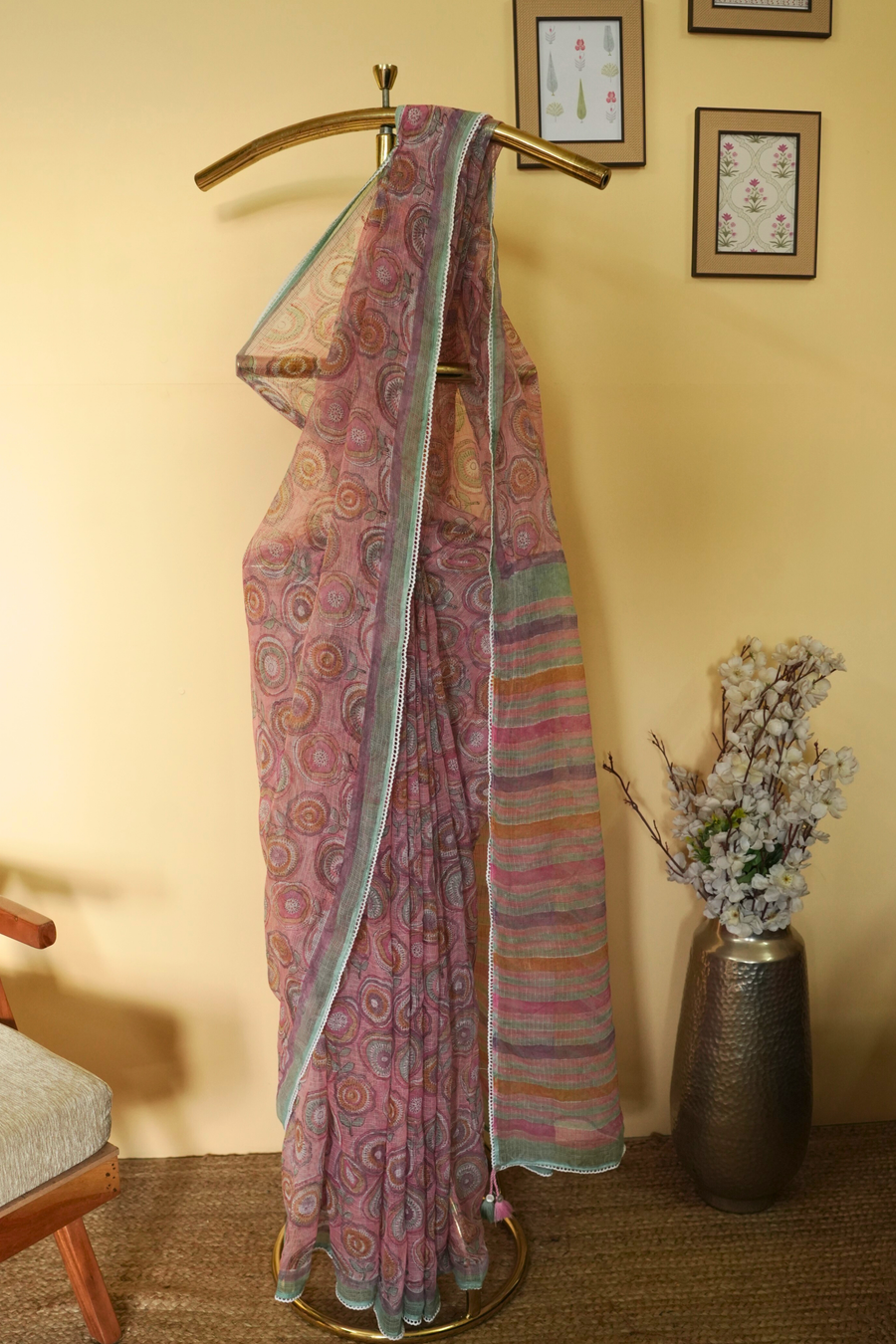Pink Kota Doria Block Printed Saree