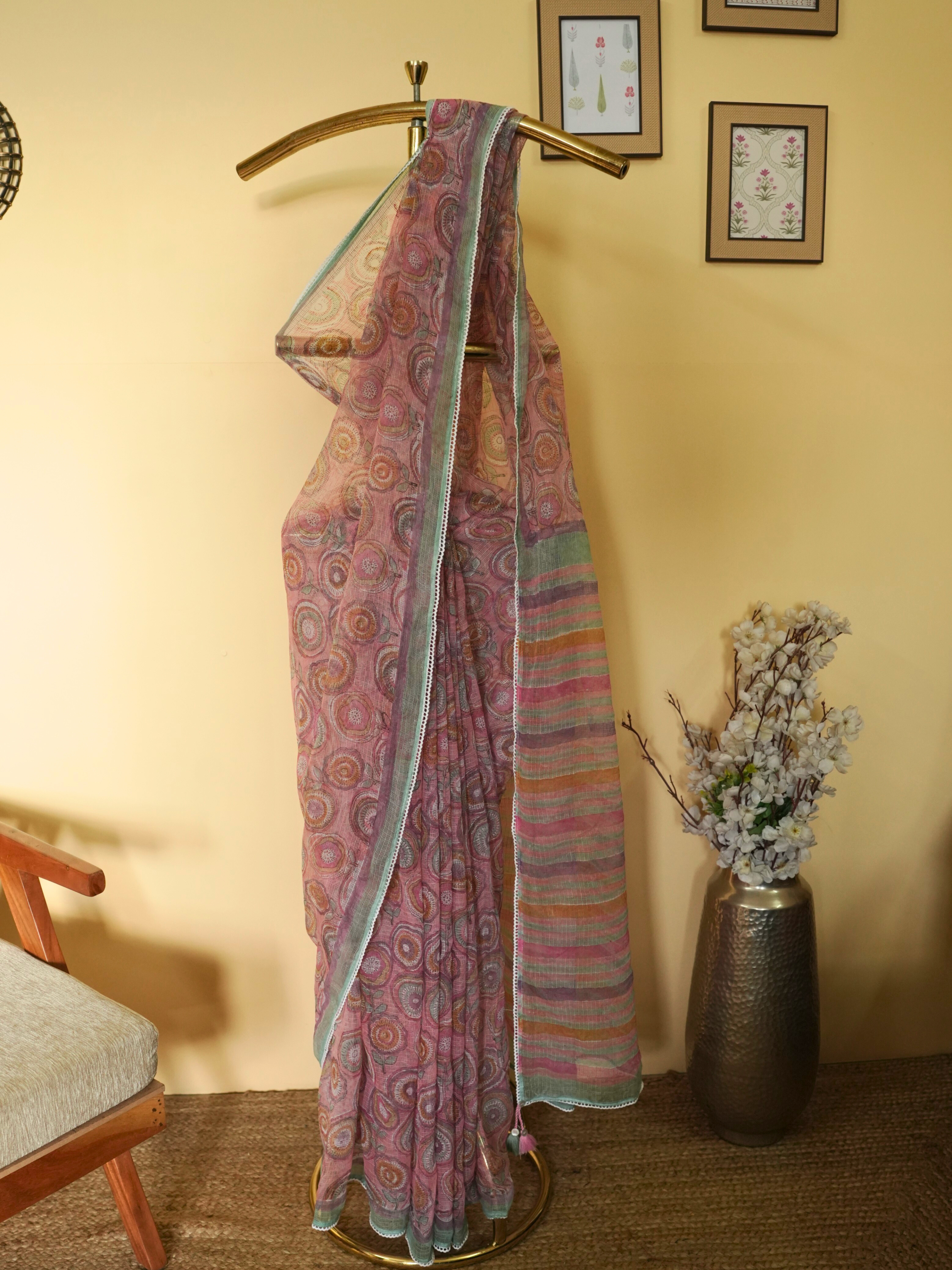 Pink Kota Doria Block Printed Saree